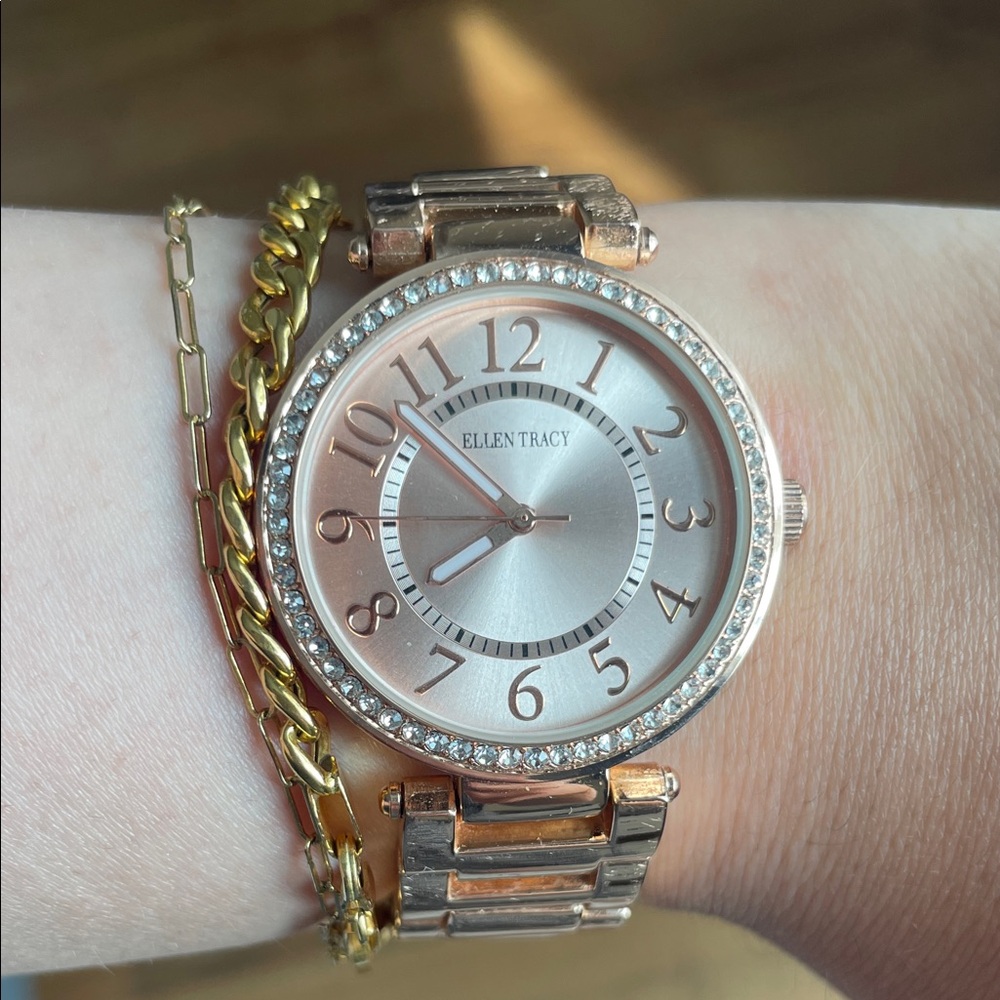 Ellen Tracy Women's Watch in Rose Gold with Crystal Accents